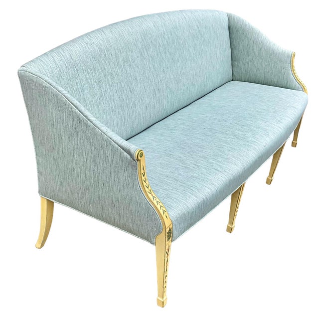 This is a mid-century hand painted Adam style settee or sofa in a new blue cotton linen blend. It is unmarked and in very...