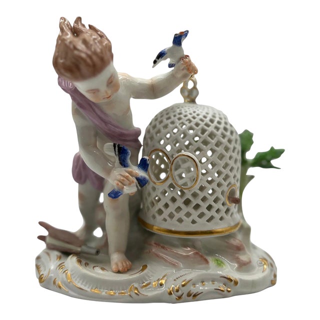 Antique Meissen Porcelain Boy & the Bird Cage Figure Model For Sale