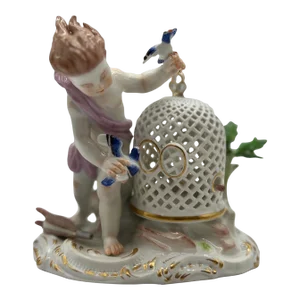Antique Meissen Porcelain Boy & the Bird Cage Figure Model