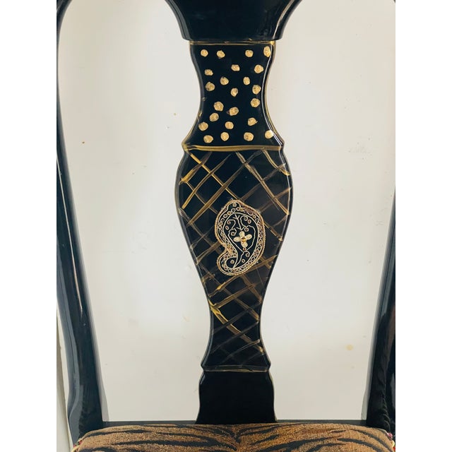 Gorgeous Mackenzie Childs Style 4 Chairs Black Lacquer TigerBrocade For Sale - Image 9 of 11