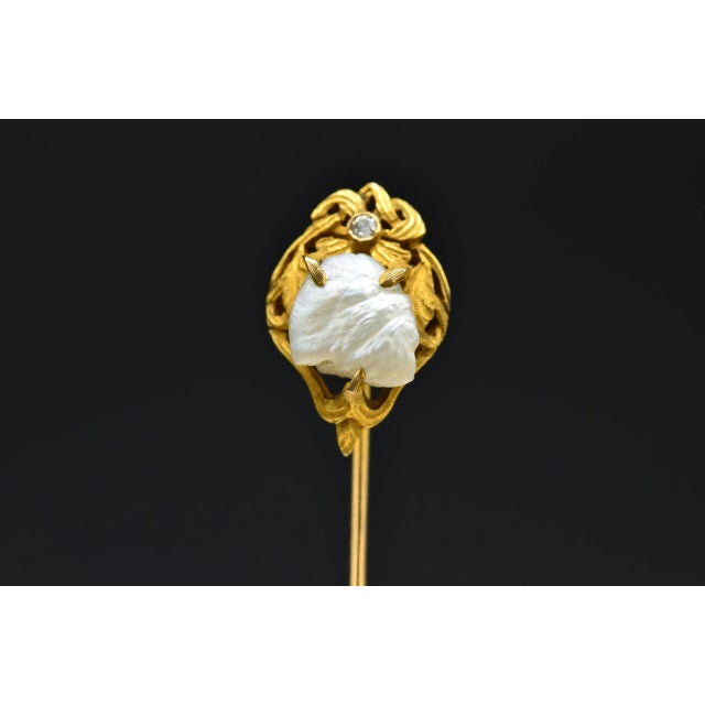 Contemporary A Natural Pearl and Old Mine Cut Diamond Stick Pin For Sale - Image 3 of 3