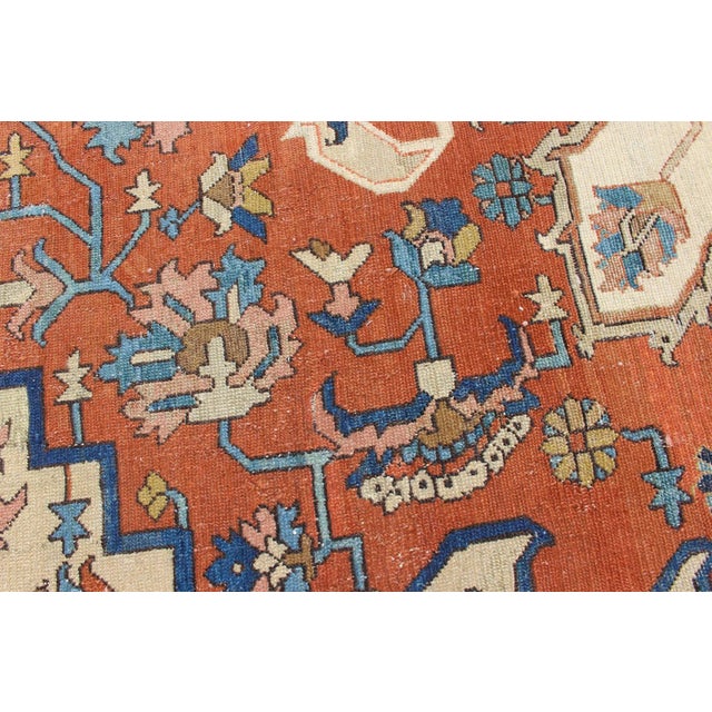 Antique Persian Serapi Rug in Geometric Medallion Design With Orange & Blue 8'2 X 11'3 For Sale - Image 13 of 16