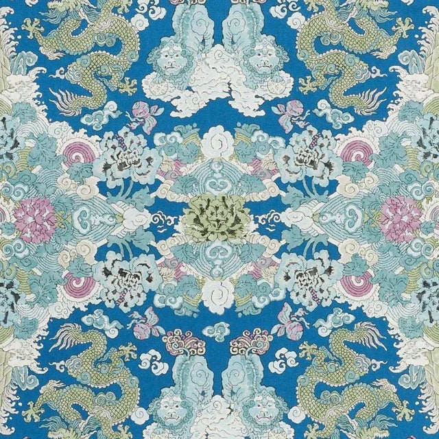 Sample - Schumacher Magic Mountain Dragon Fabric in Blue For Sale