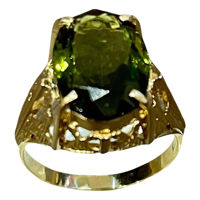 5 Carat Natural Oval Green Tourmaline Cocktail Ring 18 Karat Yellow Gold For Sale
