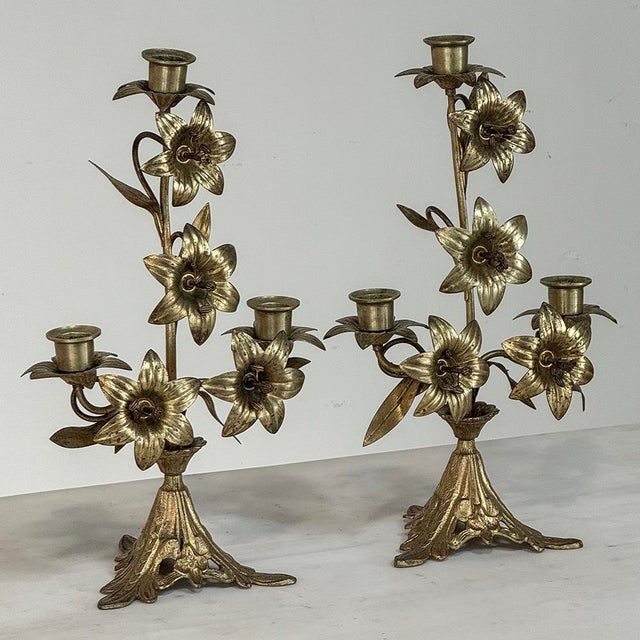 French Pair Napoleon III Period Bronze Floral Candelabra For Sale - Image 3 of 13