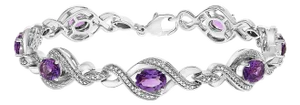 .925 Sterling Silver 1/10 Cttw Natural Round Diamond and 7X5MM Oval Amethyst Cross Tennis Bracelet (I-J Color, I1-I2 Clarity) - 7"