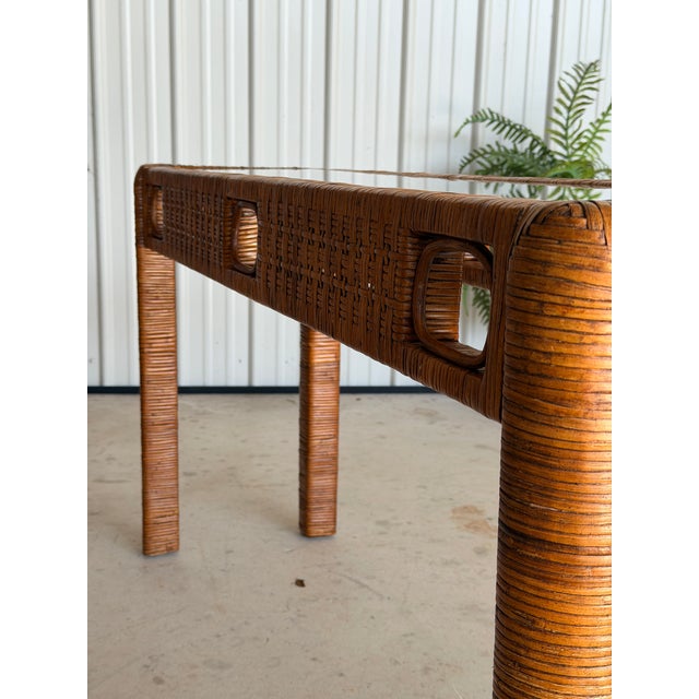 Vintage Boho Rattan Wrapped Console With Woven Apron & Glass Top For Sale - Image 9 of 12