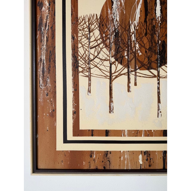 Wood Mid Century Abstract Landscape Forest Scene With Bare Trees Acrylic on Canvas Painting - Framed For Sale - Image 7 of 15
