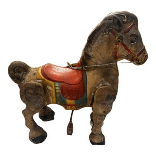 Vintage 1940’s Mobo Horse Bronco Metal Riding Toy Self-Propelled England Wheels. Mid-Century Patina Steel Bouncing, Steering Ride Toy For Sale