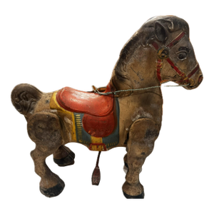 Vintage 1940’s Mobo Horse Bronco Metal Riding Toy Self-Propelled England Wheels. Mid-Century Patina Steel Bouncing, Steering Ride Toy