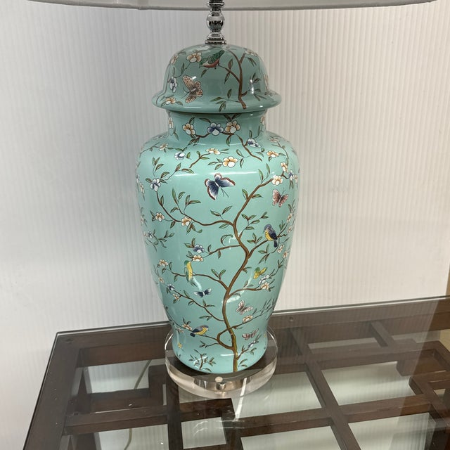 Late 20th Century Jade Green Ceramic Table Lamp With Butterflies + Birds For Sale - Image 4 of 12