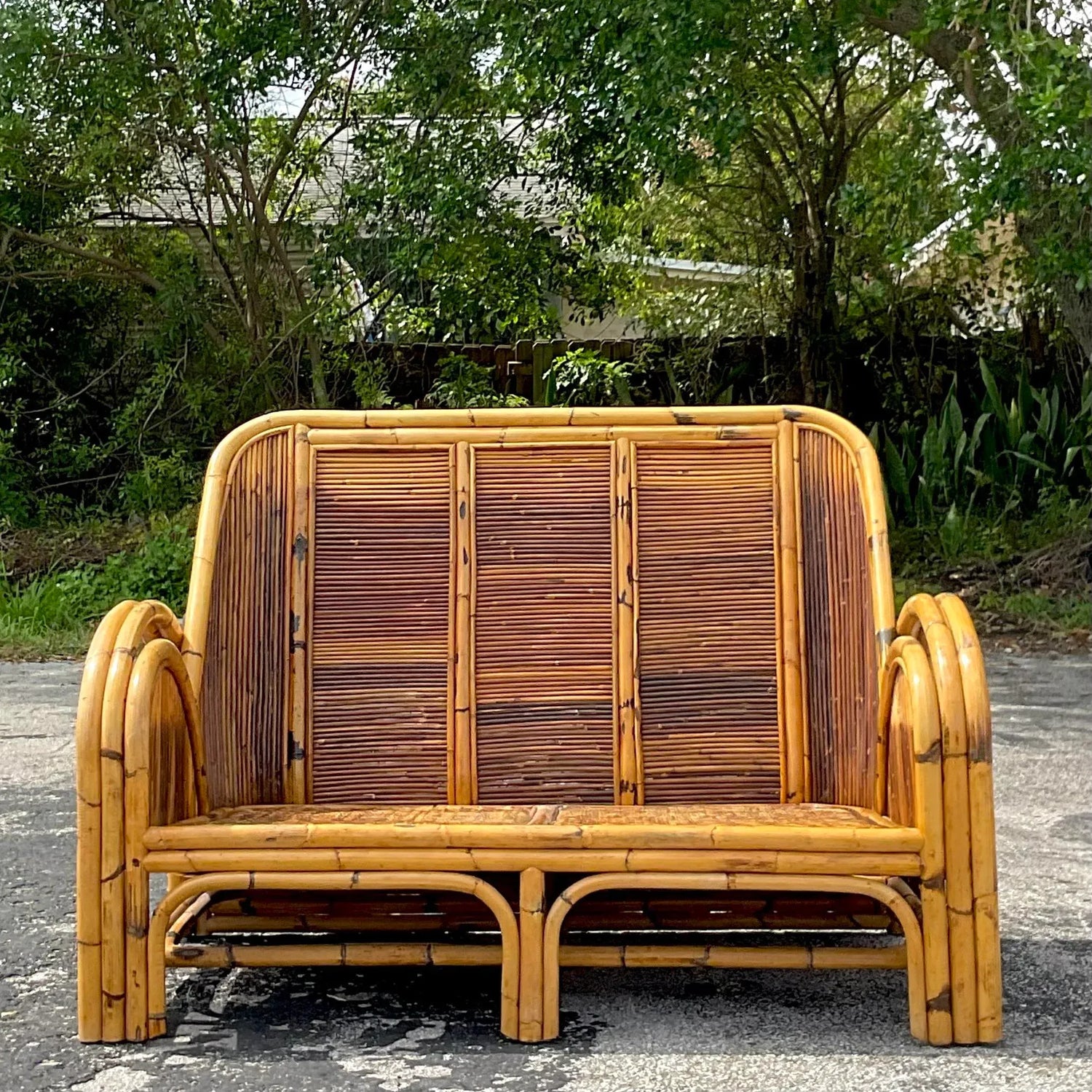 Vintage Coastal 1950s Pencil Reed Loveseat - Top view