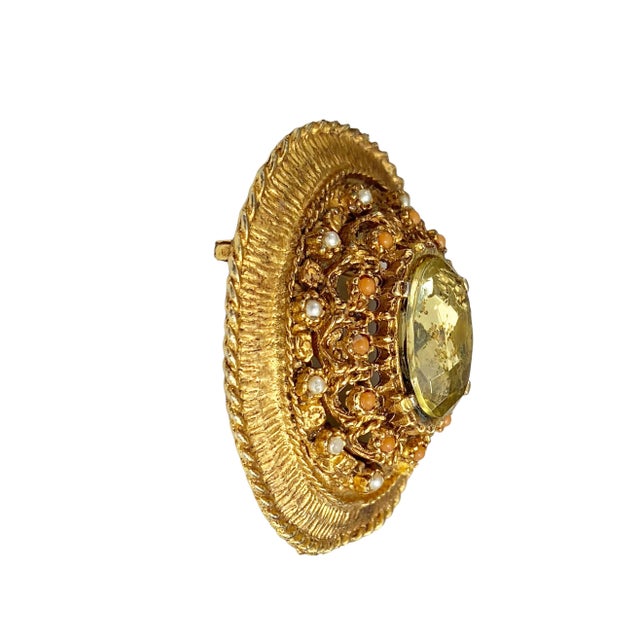 Vintage Brooch Gold Tone Topaz Rhinestones and Pearls 2.25" H For Sale - Image 4 of 4
