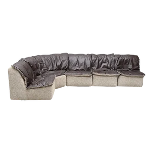 1970s Five Piece Modular Sofa in Fleece + Leather With Reversible Cushions