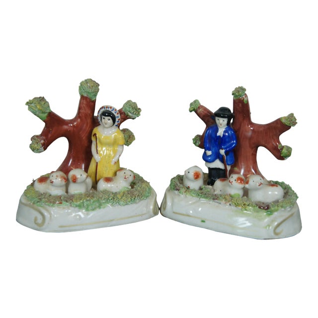 Antique Mid 19th Century Dudson English Staffordshire Pearlware Bocage Shepherd Figures - Set of 2 For Sale