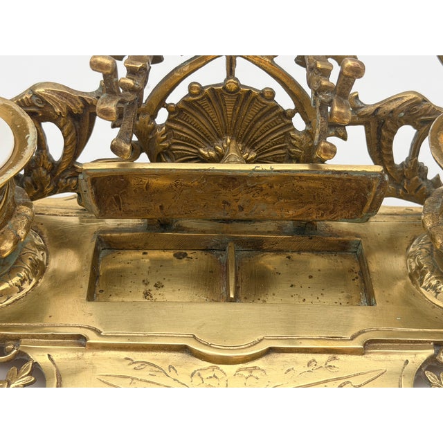 Vintage Ornate Baroque Revival Cast Brass Double Inkwell Desk Set With Porcelain Liners For Sale - Image 14 of 17
