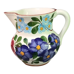 Late 20th Century Vintage Hand Painted Italian Pottery Tuscan Floral Pitcher Vase
