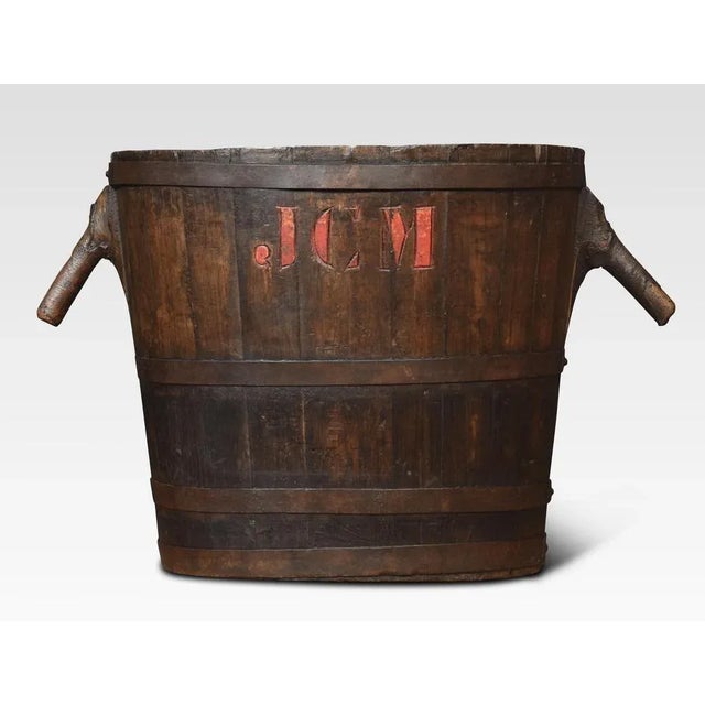 Wood Oval-Shaped Log Bin with Oak Frame and Iron Bands For Sale - Image 7 of 7