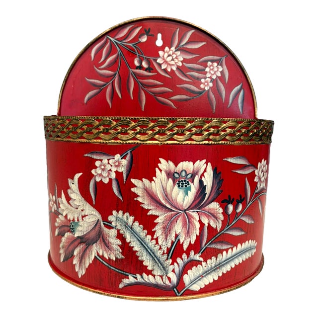 Vintage Hand Painted Red Tole Floral Wall Pocket Planter Mailbox For Sale
