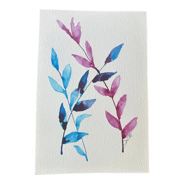 “Indigo and Rose” Signed Original Watercolor Botanical by Nancy Smith For Sale