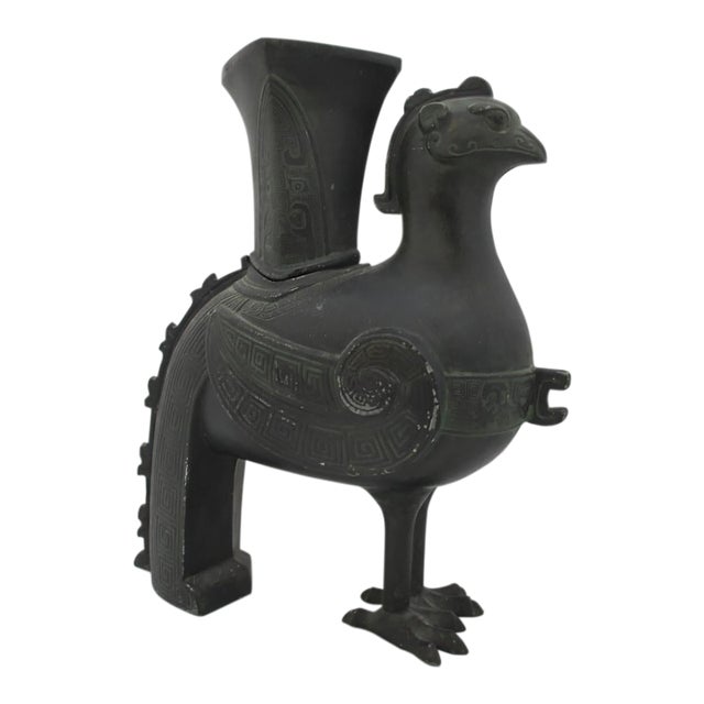Chinese Phoenix Rooster Zun Shang Style Bronze Ware Ceremonial Wine Vessel Vase For Sale