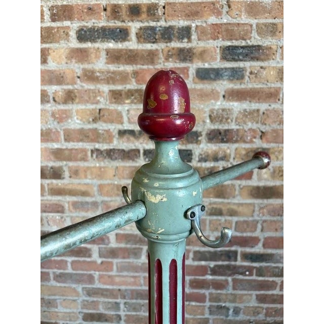 Antique Hand-Turned Wood Fluted Coat Rack in Teal & Oxblood Red For Sale - Image 14 of 17