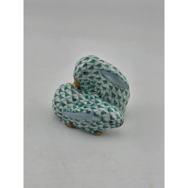 Green Rare Vintage Hungary Herend Pair Snuggling Bunny Rabbits Green Fishnet Figurine For Sale - Image 8 of 15