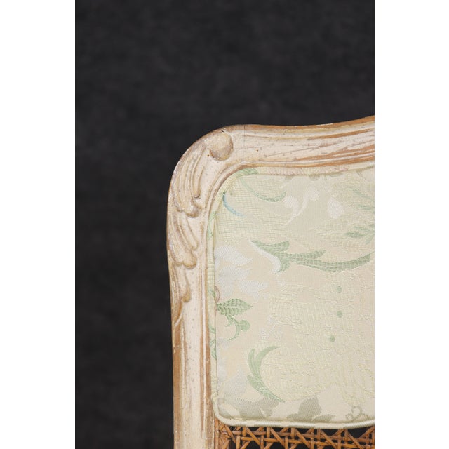 Pair Louis XV Style French Cream Distressed Painted Cane Back Armchairs For Sale - Image 15 of 16
