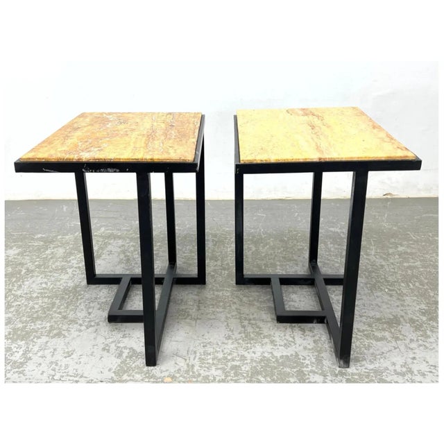 Pair of Pierre Chareau Style Modernist Metal Side Tables With Travertine Tops For Sale - Image 11 of 12