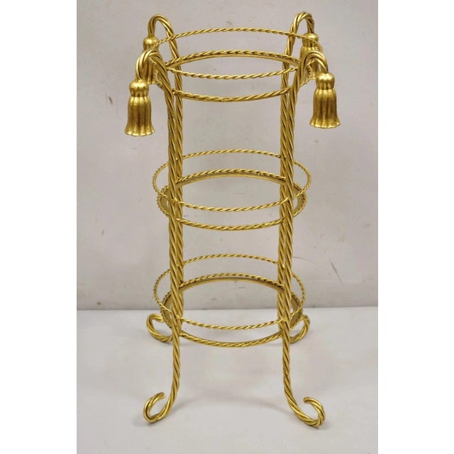 Vintage Italian Hollywood Regency 3 Tier Gold Iron Rope Tassel Stand Side Table (Single). Item features 3 round tiers...
