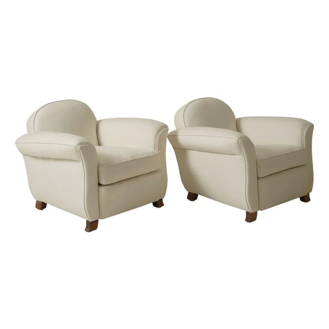 French Art Deco Upholstered Club Chairs, a Pair, With Sculptural Rounded Backs, 1930's For Sale