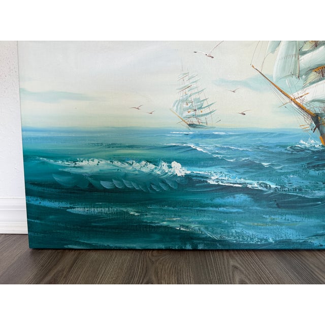Late 20th Century Listed Artist Hewett Jackson Original Oil Painting | Tall Ship Seascape | Large For Sale - Image 13 of 15