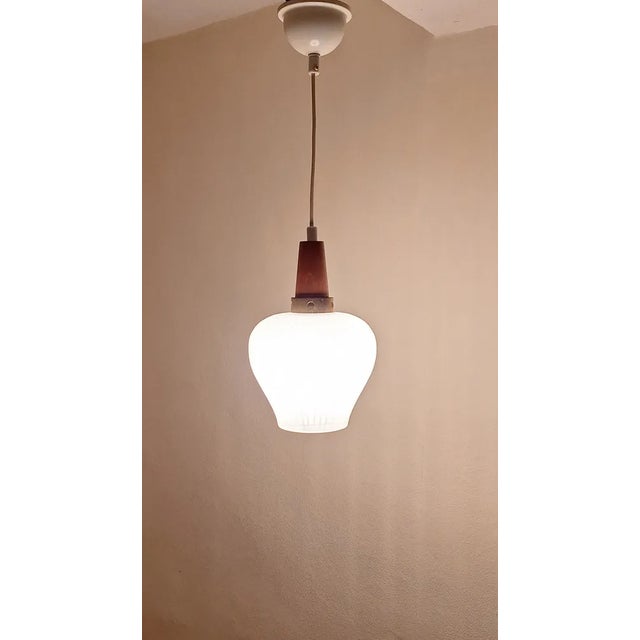 Vintage Ceiling Lamp with White Patterned Glass Shade, 1970s, in Very Good conditions. Designed 1970 to 1979 Up to 250V...