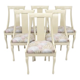 Set of 6 Chairs Weiman Furniture Post Modern Ivory Lacquered Dining Chairs With Seashell Print Seats For Sale