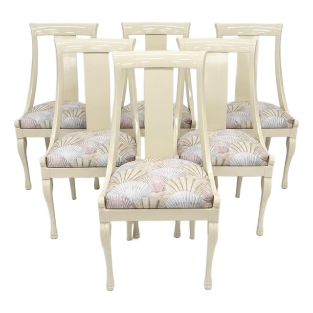 Set of 6 Chairs Weiman Furniture Post Modern Ivory Lacquered Dining Chairs With Seashell Print Seats For Sale