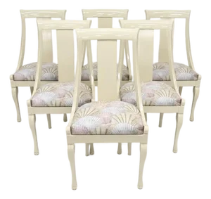 Set of 6 Chairs Weiman Furniture Post Modern Ivory Lacquered Dining Chairs With Seashell Print Seats