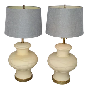 Chinese Inspired Beige Ceramic & Brass Table Lamps With Koi Fish Image - Pair