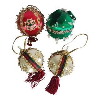 Vintage Handcrafted Beaded Ribbons Christmas Ornaments-Set of 4 For Sale