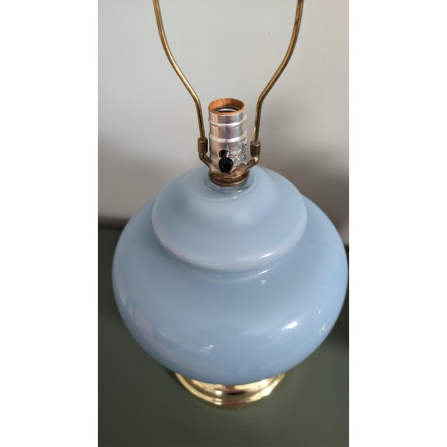 Blue Vintage Powder Blue Ginger Jar Table Lamps, Pair of 2 With Brass-Tone Bases For Sale - Image 8 of 10