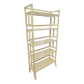 1970's Vintage Off White, Creamy Yellow Ficks Reed Rattan Faux Bamboo Circle Design 5 Shelf Etagere For Sale