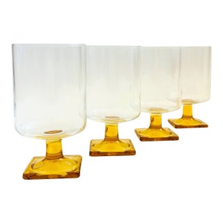 MCM Yellow Stemmed Wine Glasses - Set of 4 - Nordic Topaz by Federal Glass For Sale