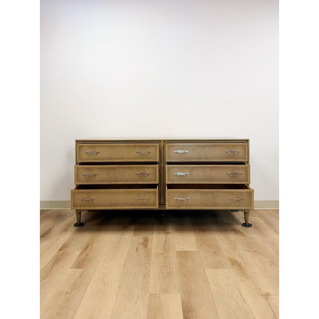 Vintage MCM Gray Washed Blonde Dresser Six Drawer With Metal Handles For Sale - Image 10 of 13