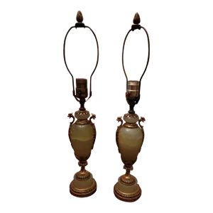 Antique Sevres Style Jade Onyx Emerald Bronze Lamps - a Pair