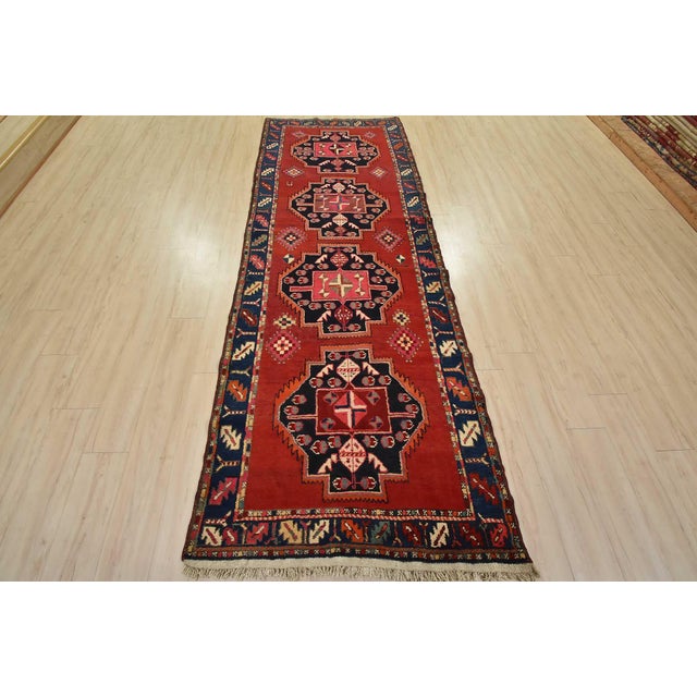 Cabin Caucasian Runner 4′ X 11′ Red Wool Vintage Tribal Hand-Knotted Oriental Rug For Sale - Image 3 of 15