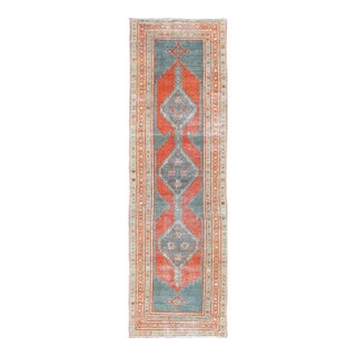 Antique Persian Serab With Tri-Medallion Geometric Design in Red and Steel Blue 2'8 X 9'6 For Sale