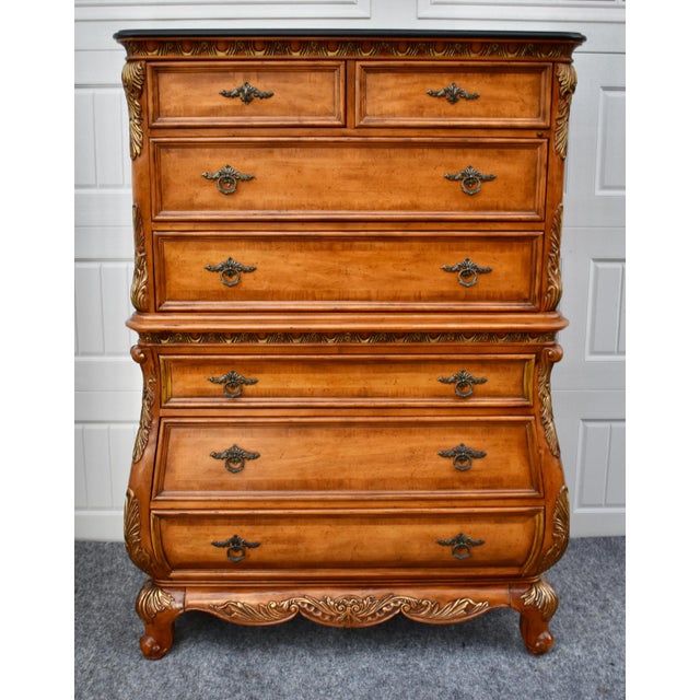 Legacy Carved Bombe Tall Chest French Style Pine Dresser W/Gold Details For Sale In Philadelphia - Image 6 of 17