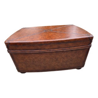 1990s Thomasville Leather Wrapped Rattan Coffee Table Trunk East Indies W/ Storage For Sale