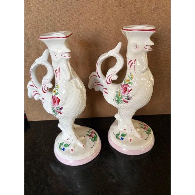 French Luneville Rooster Candle Holders..no chips or breaks ..beautiful detail a floral pattern in a vibrant pink, red and...