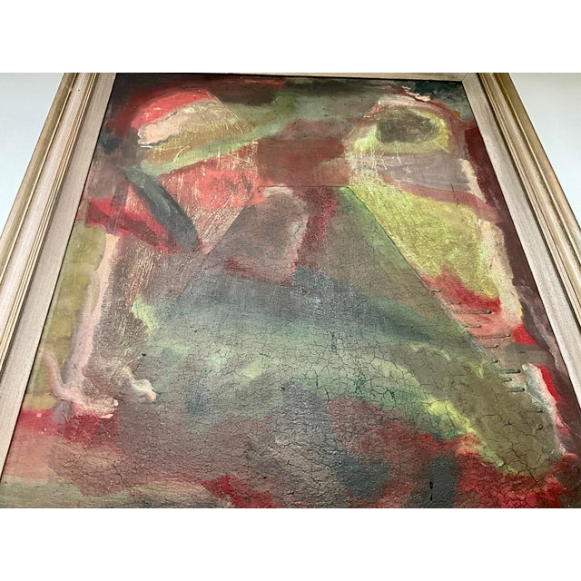 Red Vintage Abstract Painting With Craquelure in Original Wood Frame For Sale - Image 8 of 14