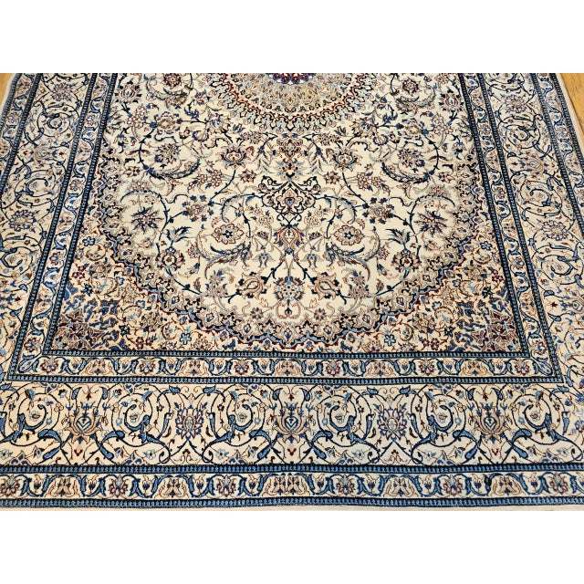 1900 - 1909 Vintage Exceptionally Fine Persian Nain Habibian Area Rug, Hand-Knotted Wool & Silk, Floral Pattern, 6x10, Ivory & Blue For Sale - Image 5 of 9